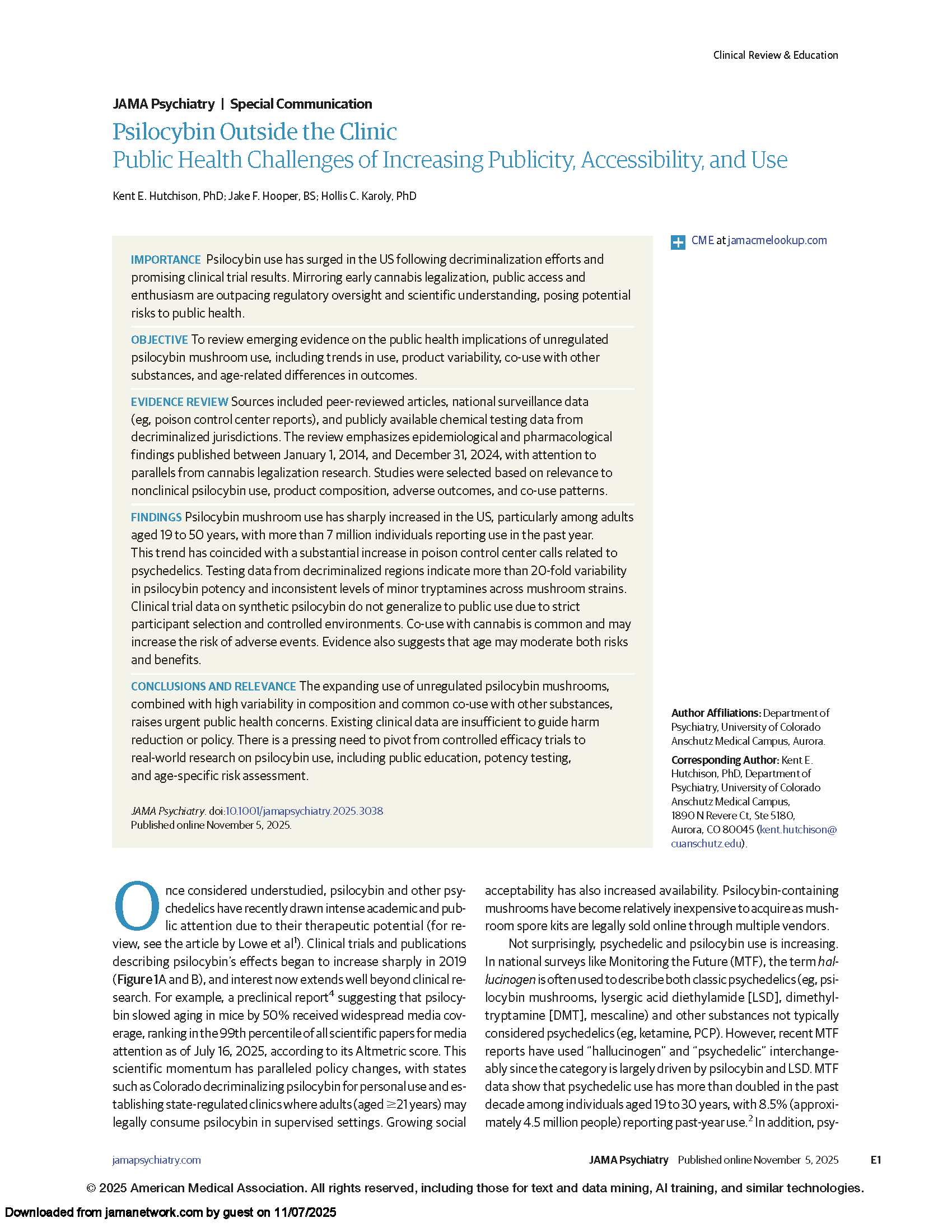 Psilocybin Outside the Clinic: Public Health Challenges of Increasing Publicity, Accessibility, and Use